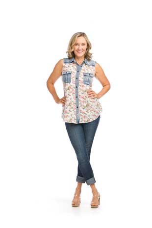 PT-16140 - FLORAL DENIM TRIM TOP WITH POCKETS - Colors: AS SHOWN - Available Sizes:XS-XXL - Catalog Page:10 